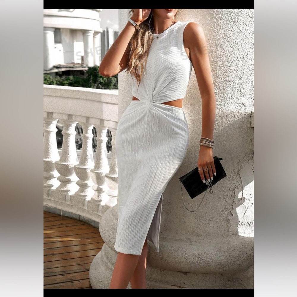 White Stretchy Dress cut out with Tie
